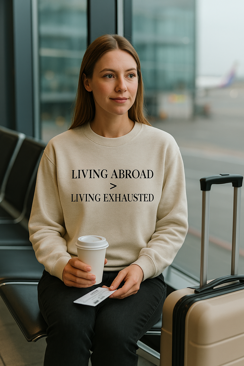 Crewneck Sweatshirt — "Living Abroad > Living Exhausted"