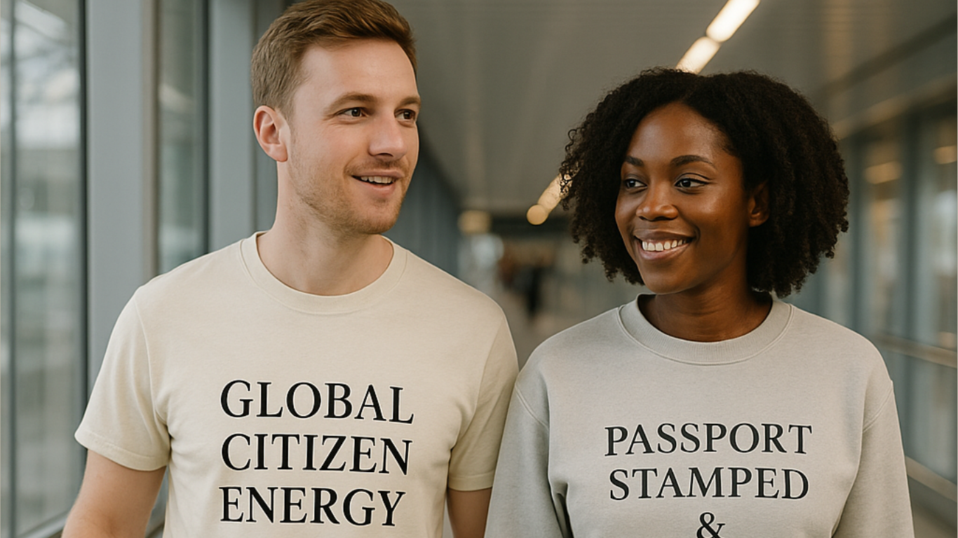 Two people wearing t-shirts with text, standing indoors.